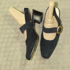 Bally Blue Suede Slingback Gold-tone Buckle Accent 2" Heels Wm Size 39 / 8.5
